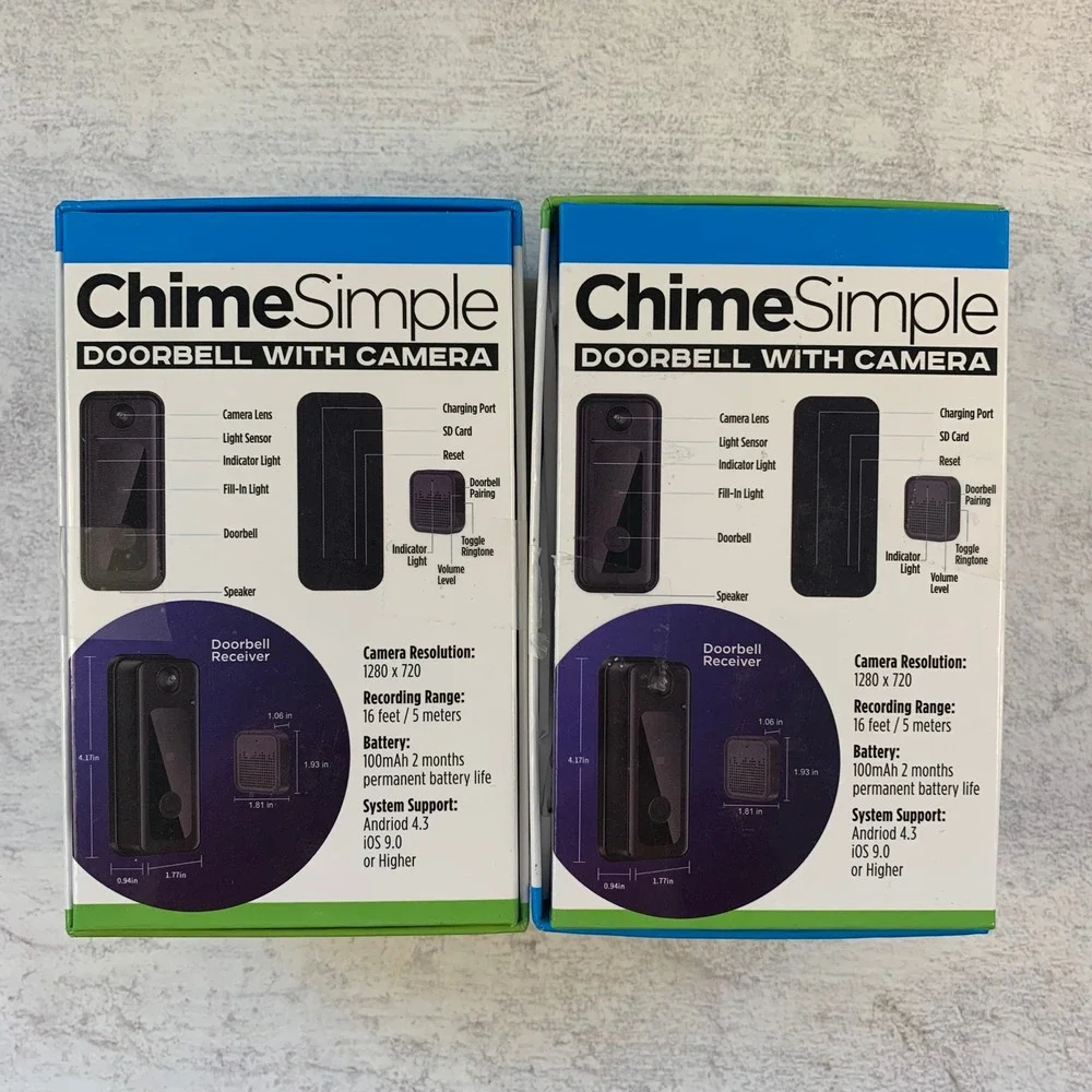 2 ChimeSimple Doorbells With Cameras HD 125 Degree Wide‎ Angle Lens Easy Install